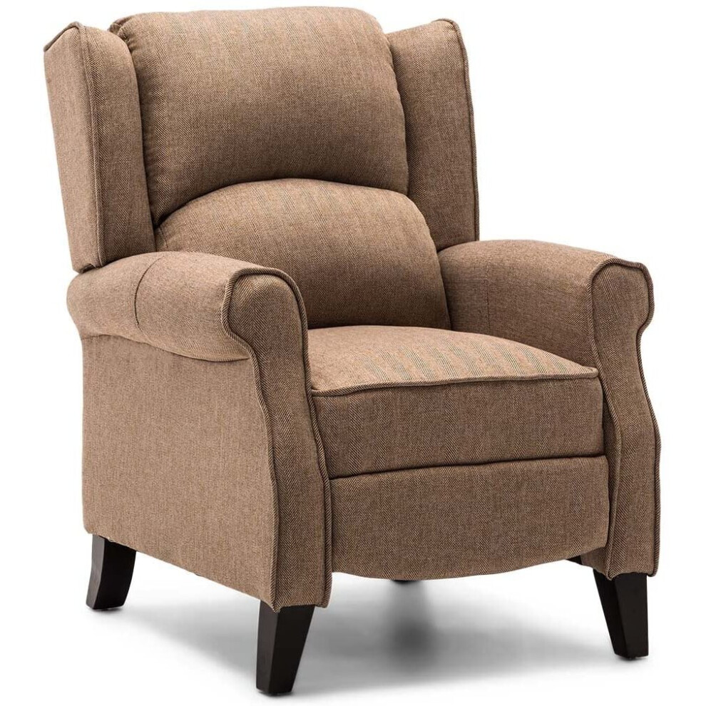 (Herringbone Beige) Eaton Wing Back Fireside Herringbone Fabric Recliner Armchair Sofa Chair Reclining Cinema
