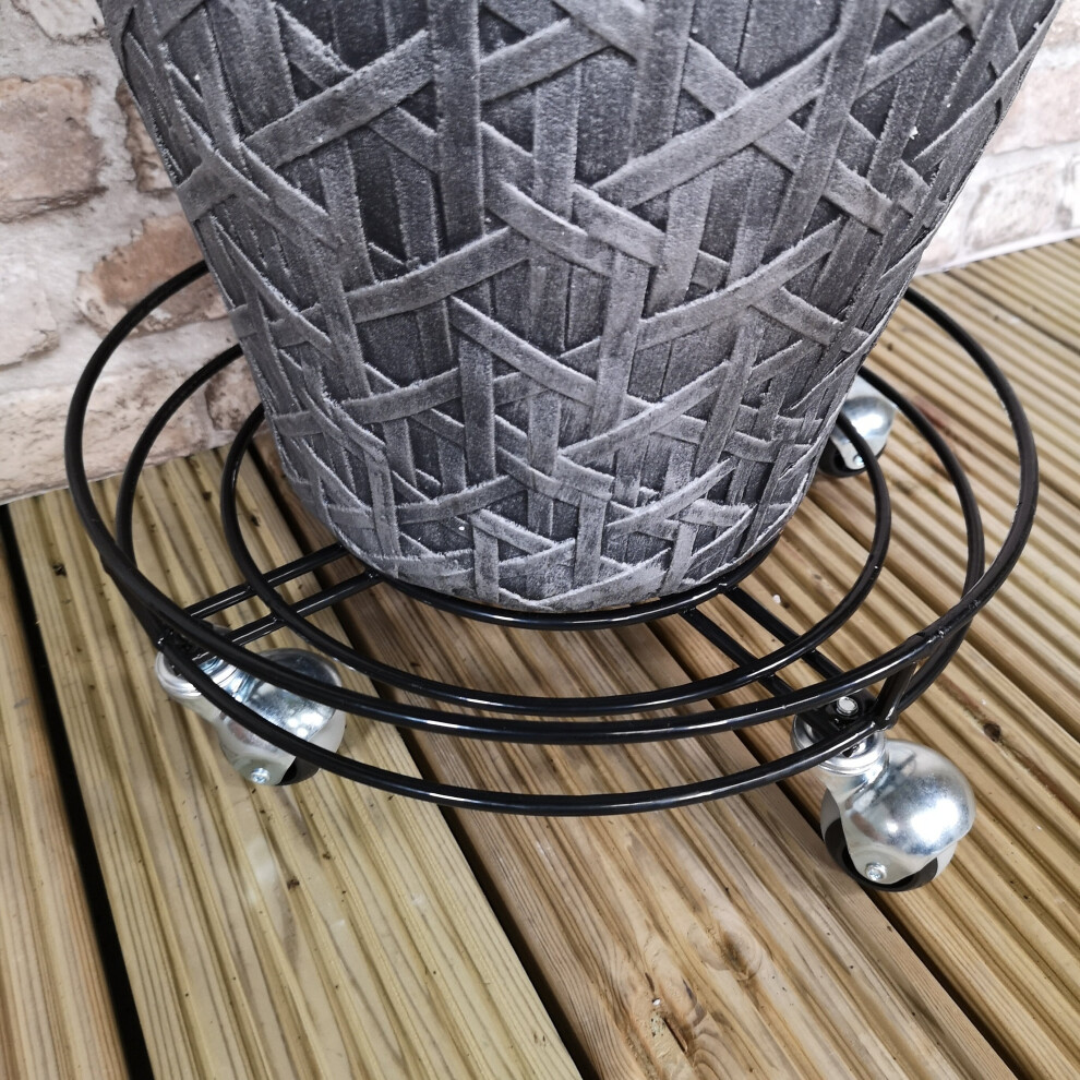 Tom Chambers Handcrafted Heavy Duty Round Black Metal Garden Patio Plant Flower Pot Stand Caddy Trolley Dolly on Strong Metal Castor Wheels 32cm