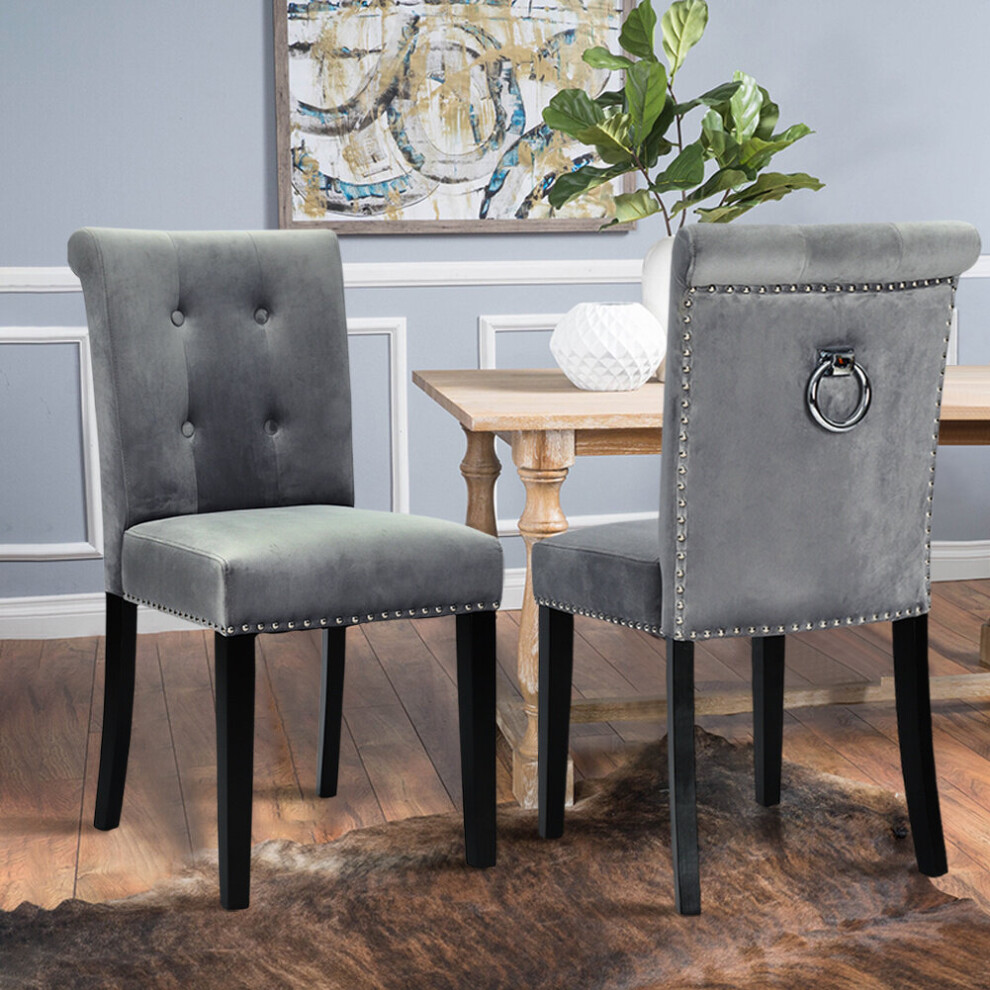 Living And Home Grey Velvet Dining Chair Button Tufted Ring Knocker High Back Nailhead Chair