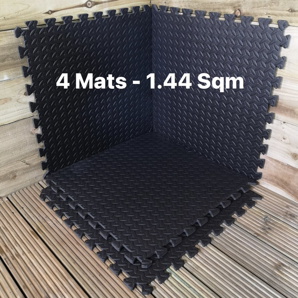 4 Piece Black Foam Floor Safety Protective Mats for Exercise Gym Play - Set Covers 1.44 sqm (15.5 sq ft)