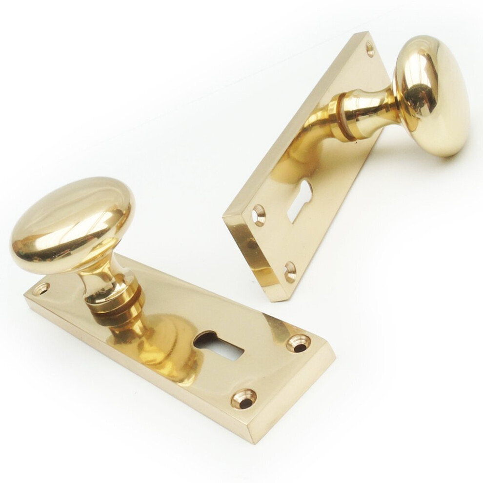 New York Style Brass Round Door Knobs on Back Plate - LOCK