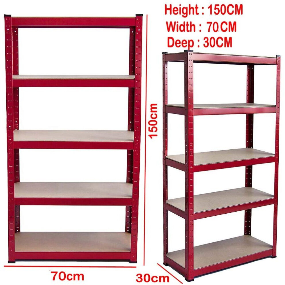 (Heavy Duty 5 Tires Steel Freestanding Boltless Racking 150cm x 70cm x 30cm Red) Garage Shelving Units 5 Tier Metal Storage Racking Shelves