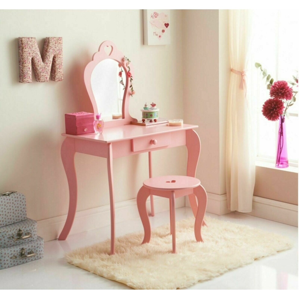 Amelia Vanity Children Kids Wooden Set Dressing Table With Mirror & Stool Pink