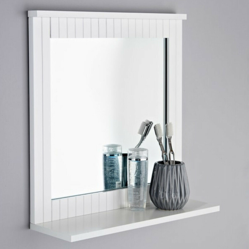 White Bathroom Wood Frame Mirror Wall Mounted with Cosmetics Shelf