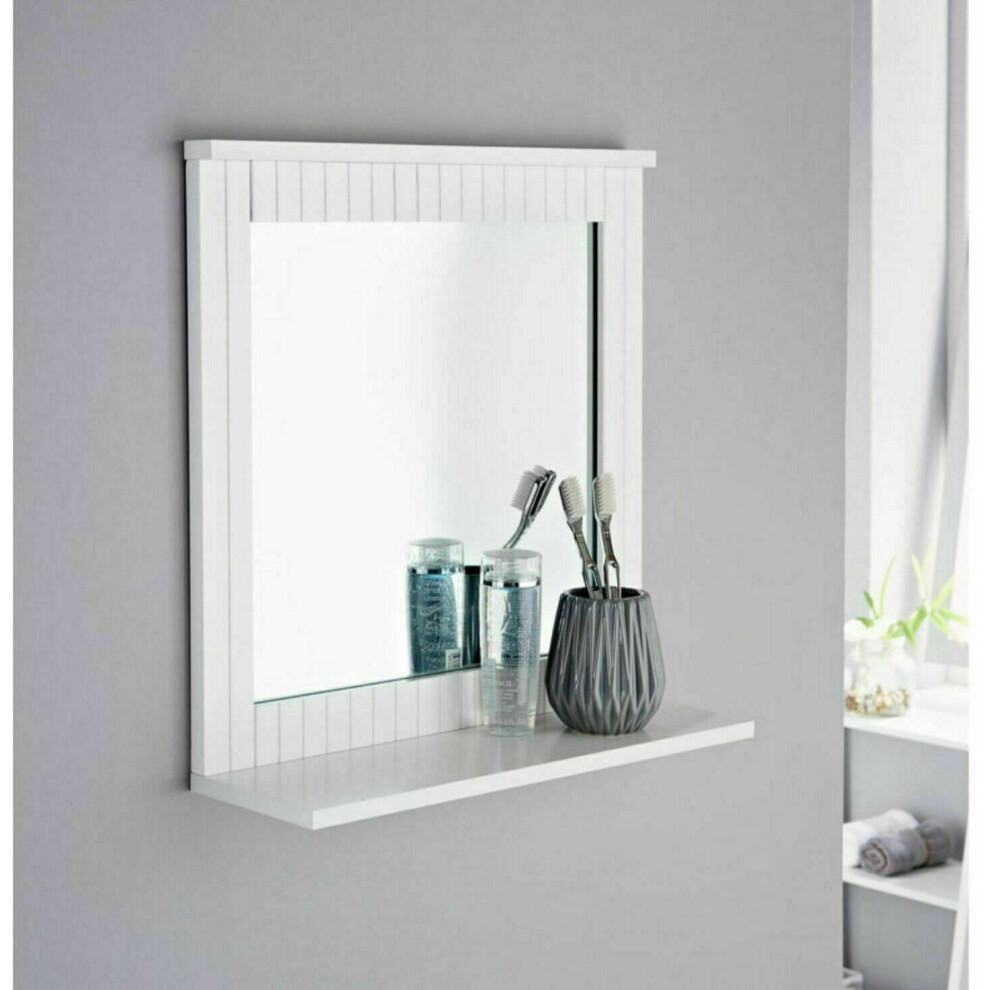 White Bathroom Mirror With Cosmetics Shelf Square Wood Frame Wall Mounted