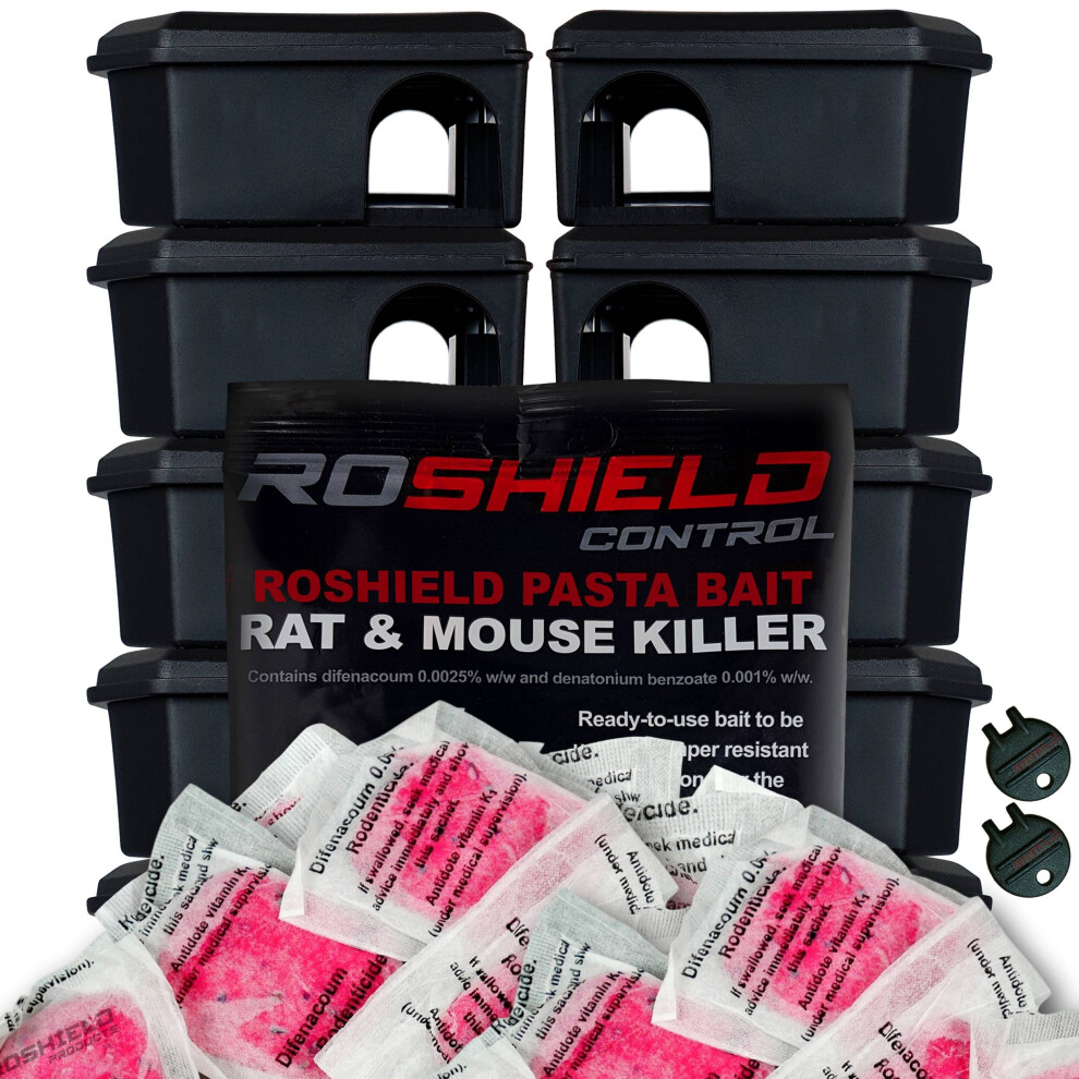 (Black) Roshield 10 Tamper Proof Mouse Bait Boxes & 30 Pasta Killer Blocks (2 x 150g Packs)