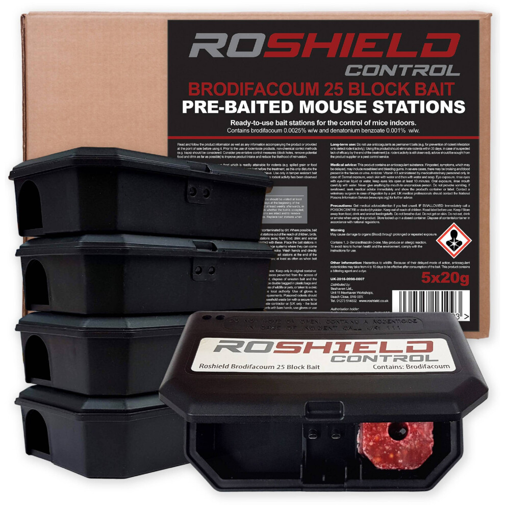 Roshield Pre-Baited Single Feed Mouse Control Safety Box Kit (Ready-to-use 10 Pack, Brodifacoum)