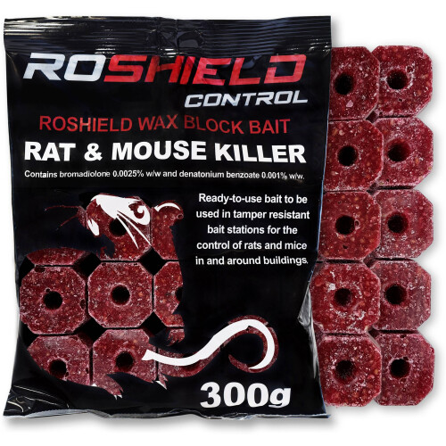 BLOCKS300x1: 300g Roshield Wax Block Bait for Rats & Mice - Ready-to-use Bromadiolone, 15x20g Blocks for Bait Stations