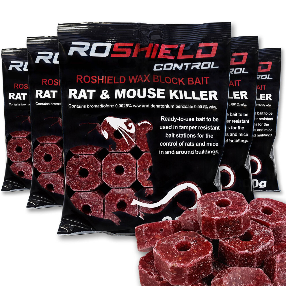 Roshield Bromadiolone Wax Block Bait For Rats & Mice - 1.5Kg (300G X5) Blocks300x5