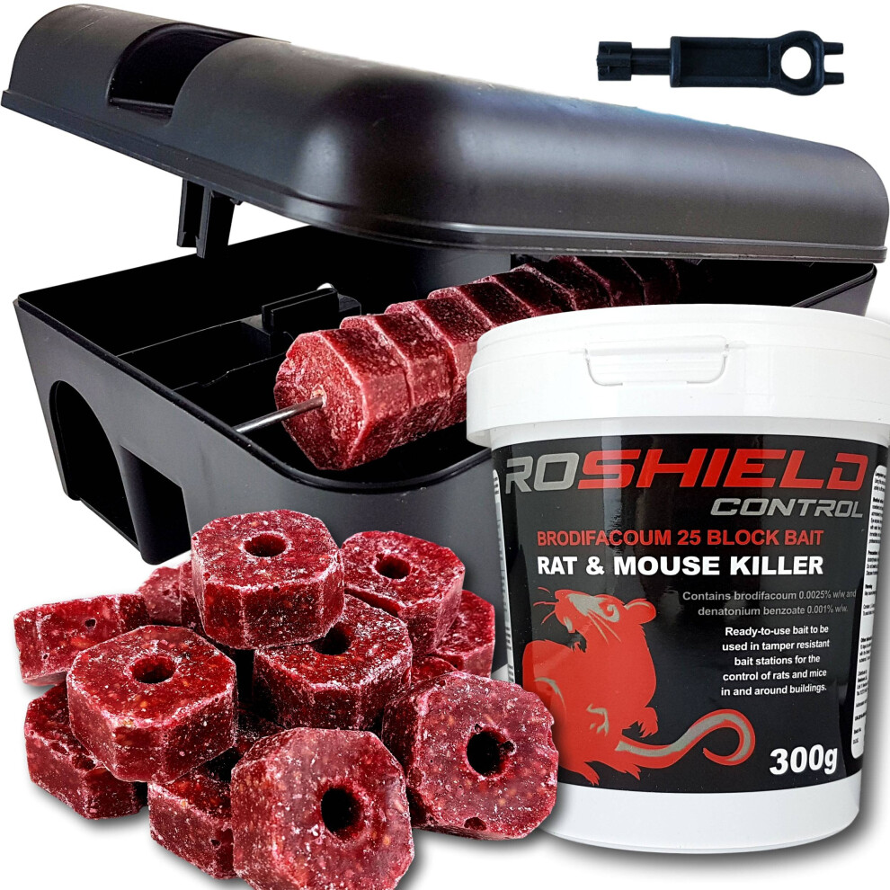 (1 Box Kit) Roshield Single Feed Rat Blocks & Tamper Resistant Bait Station Kit