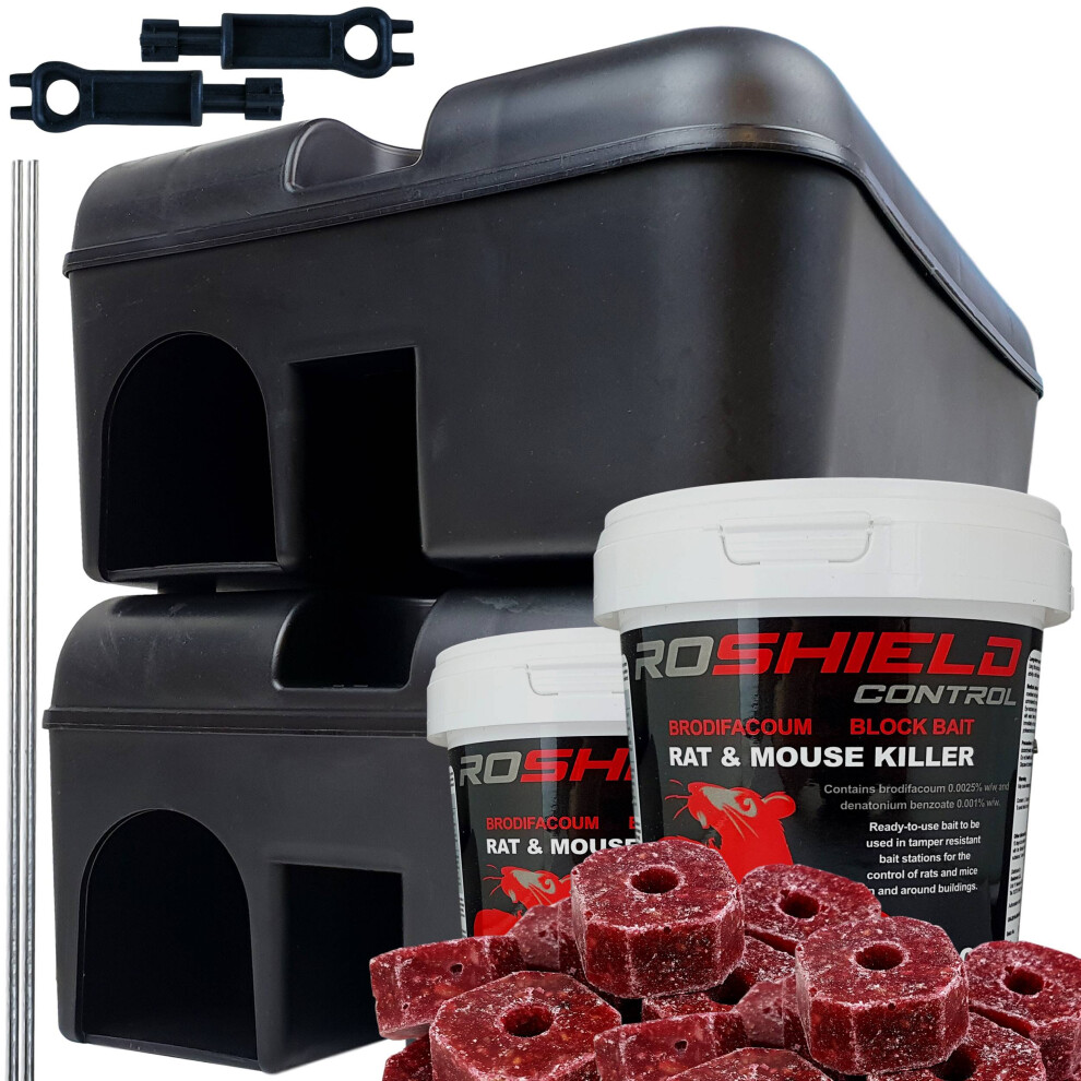 (2 Box Kit) Roshield Single Feed Rat Blocks & Tamper Resistant Bait Station Kit