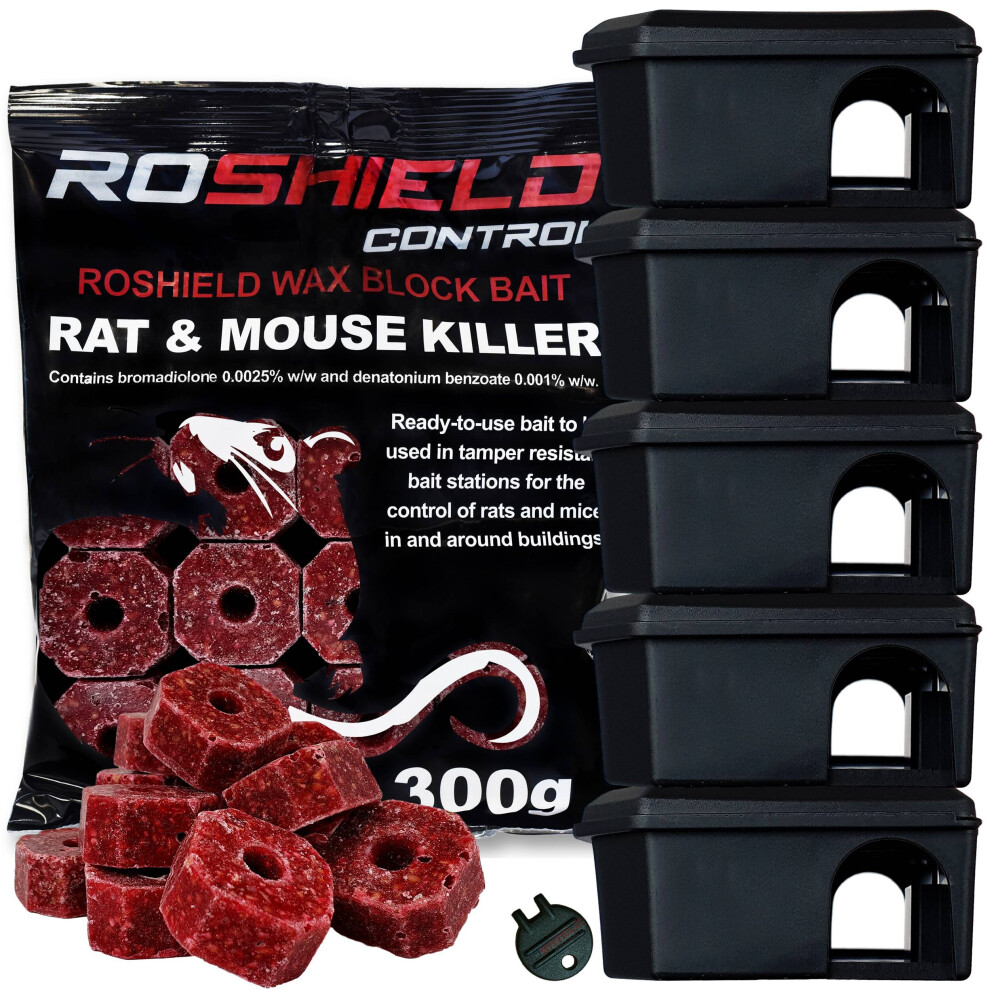 (Black) Roshield 5 x Control Mouse Boxes & 15 Killer Bait Blocks (1 Pack of 300g)