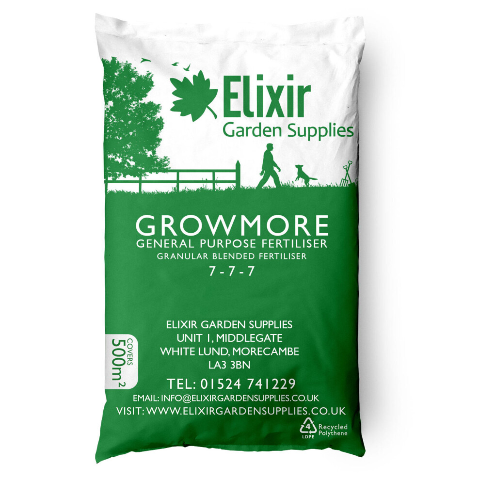 (Bag, 25kg) Elixir Gardens | Growmore 7-7-7 Special Blend All Round General Purpose Fertiliser | 500g - 25kg Bag or Tub