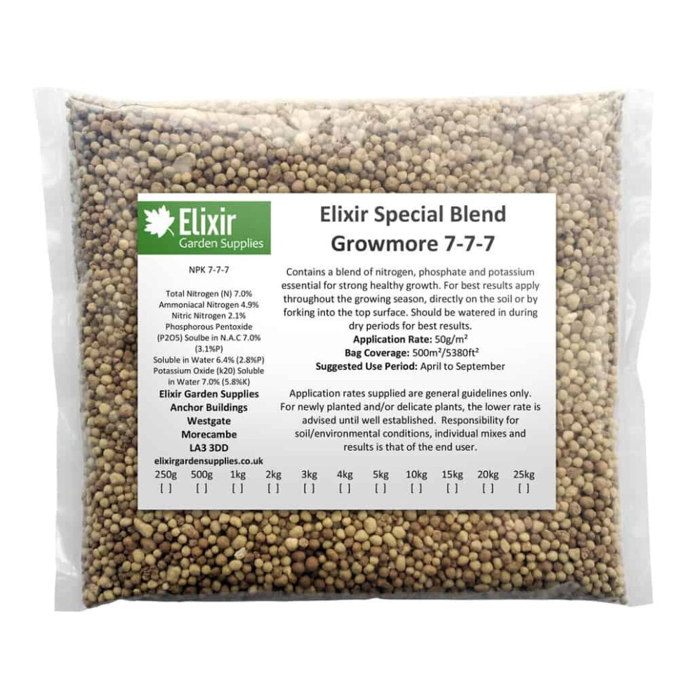 (Bag, 500g) Elixir Gardens | Growmore 7-7-7 Special Blend All Round General Purpose Fertiliser | 500g - 25kg Bag or Tub