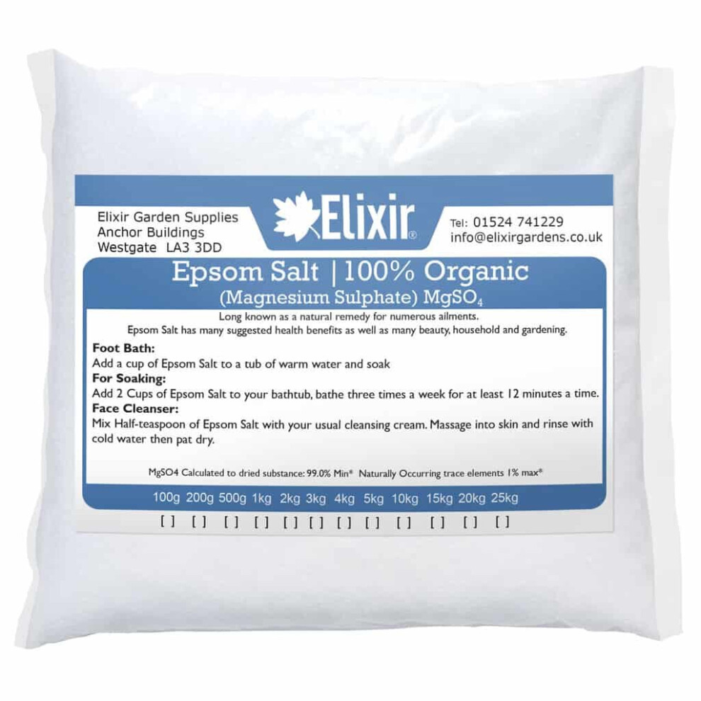 (Organic Bag, 15kg) Elixir Gardens Epsom Bath Salt | 100% ORGANIC or PHARMACEUTICAL FCC FOOD GRADE | 500g - 25kg Bag or Tub