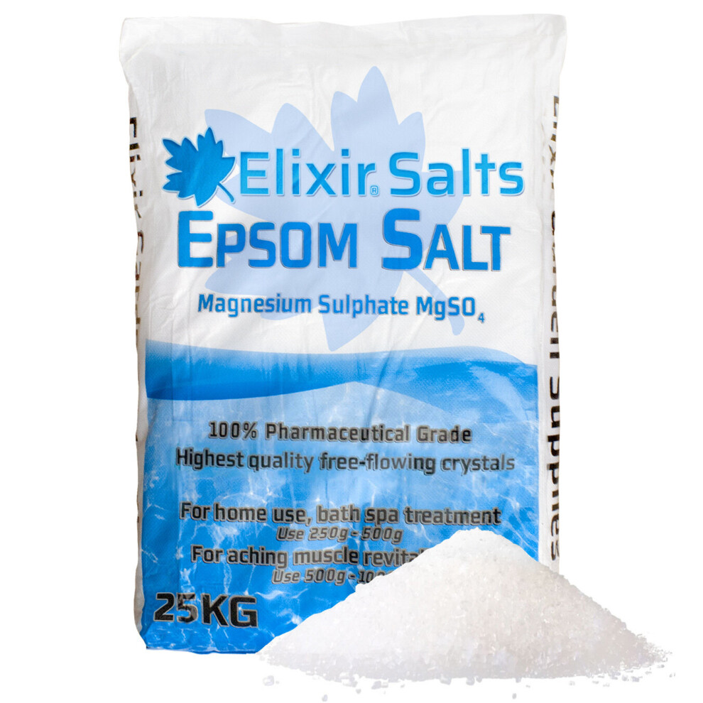 (Pharmaceutical Bag, 25kg) Elixir Gardens Epsom Bath Salt | 100% ORGANIC or PHARMACEUTICAL FCC FOOD GRADE | 500g - 25kg Bag or Tub