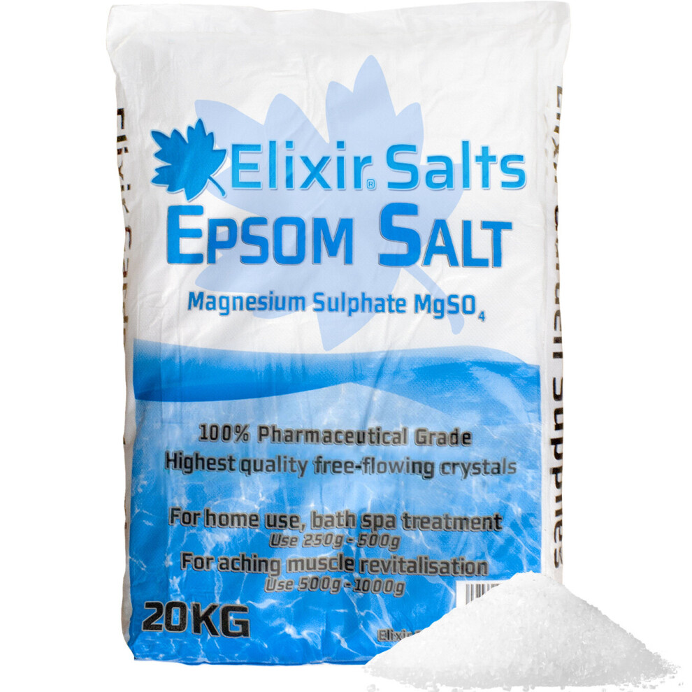 (Pharmaceutical Bag, 20kg) Elixir Gardens Epsom Bath Salt | 100% ORGANIC or PHARMACEUTICAL FCC FOOD GRADE | 500g - 25kg Bag or Tub