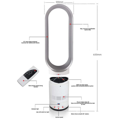 (Silver) Ultra-Quiet Negative Ion Air Bladeless Tower Fan 2