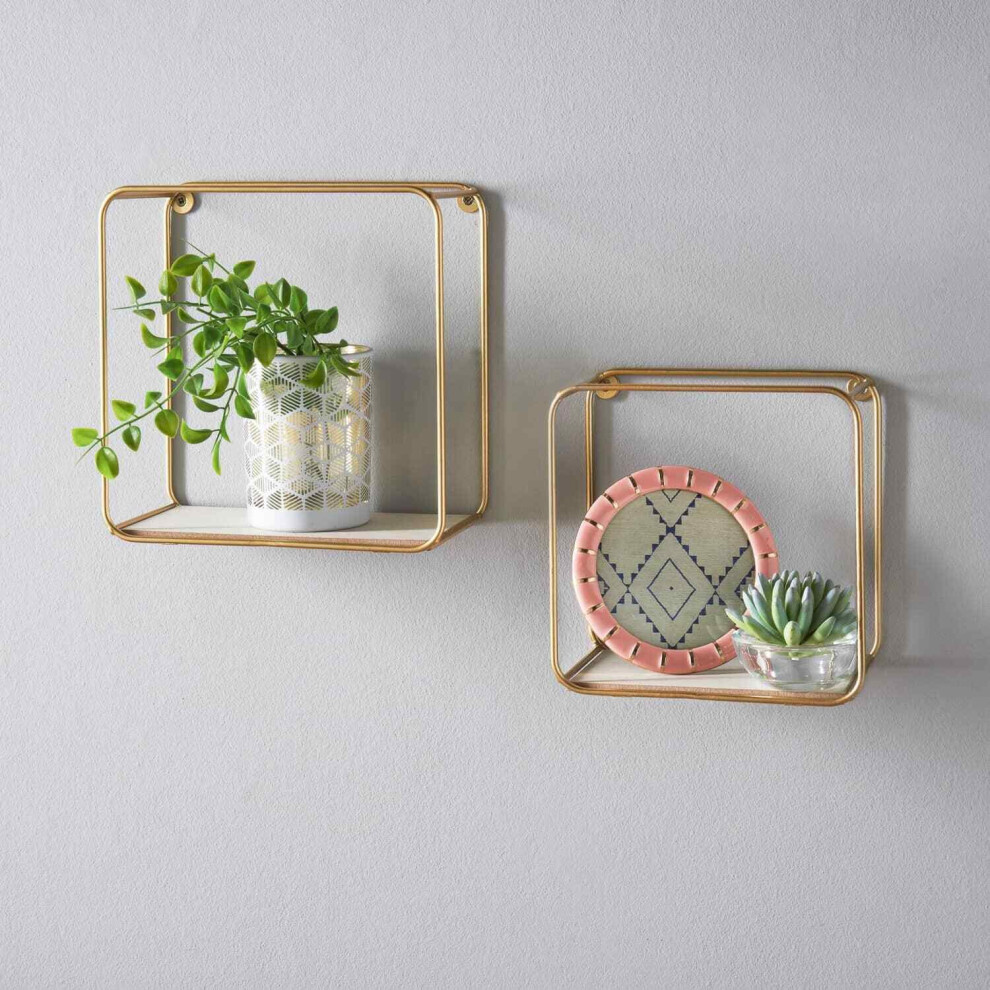 Set of 2 Gold Metal Wired Floating Wall Shelves Shelf Set Home Decor