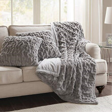 Comfort Spaces Ruched Faux Fur Plush 3 Piece Throw Blanket Set Ultra Soft Fluffy with 2 Square Pillow Covers, 50x60, Grey