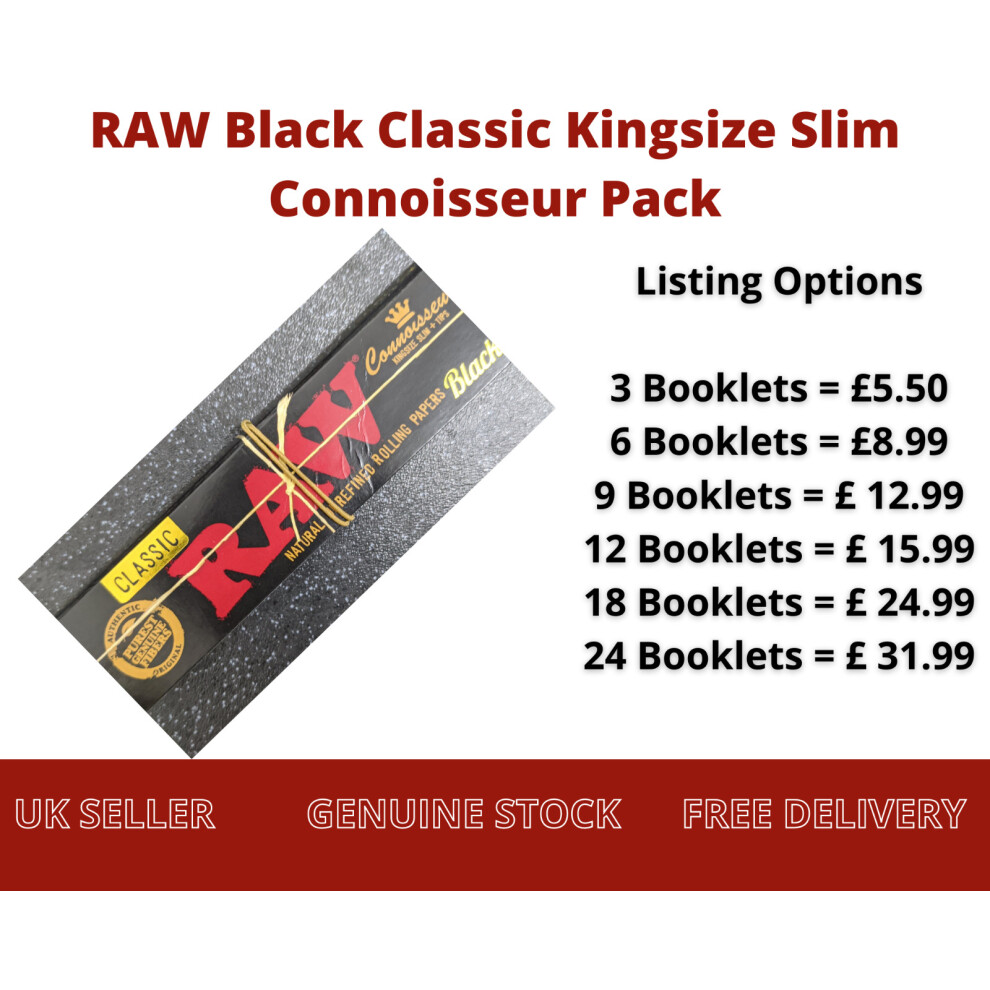 (6 Booklets) RAW BLACK CONNOISSEUR KING SIZE Slim Rolling Papers with  Roach TIPS