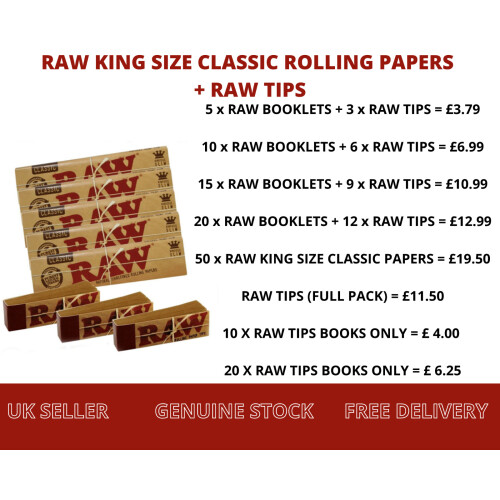 (10 X Raw Tips Books Only) RAW Rolling Papers KING SIZE Slim CLASSIC + RAW TIPS Multi Listing