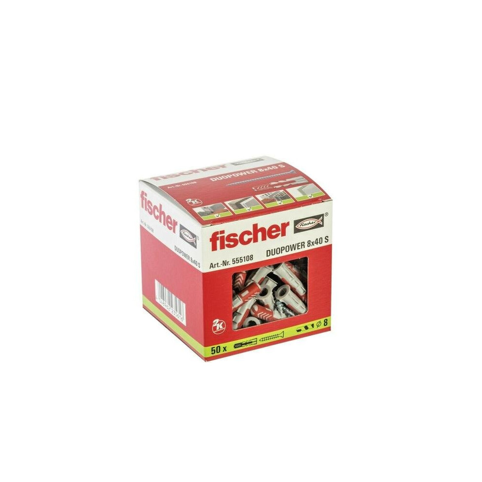 (8x40 Box Of 50 - 555108) FISCHER DUOPOWER S Wall Plugs + Screws