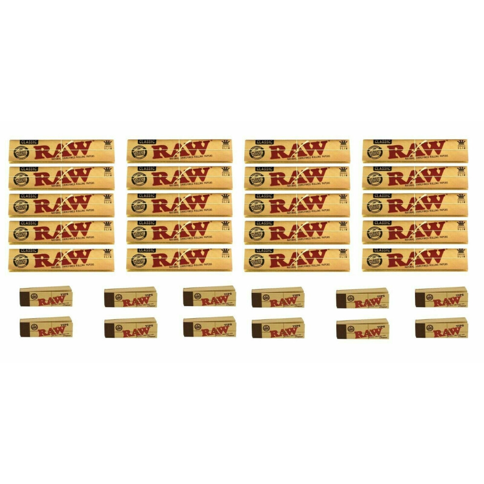 (20 x King Size Slim + 12 x Roach Tips) RAW CLASSIC KING SIZE SLIM 110MM ROLLING PAPER with RAW ROACH FILTER TIPS