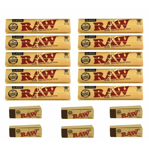 (10 x King Size Slim + 6 x Roach Tips) RAW CLASSIC KING SIZE SLIM 110MM ROLLING PAPER with RAW ROACH FILTER TIPS
