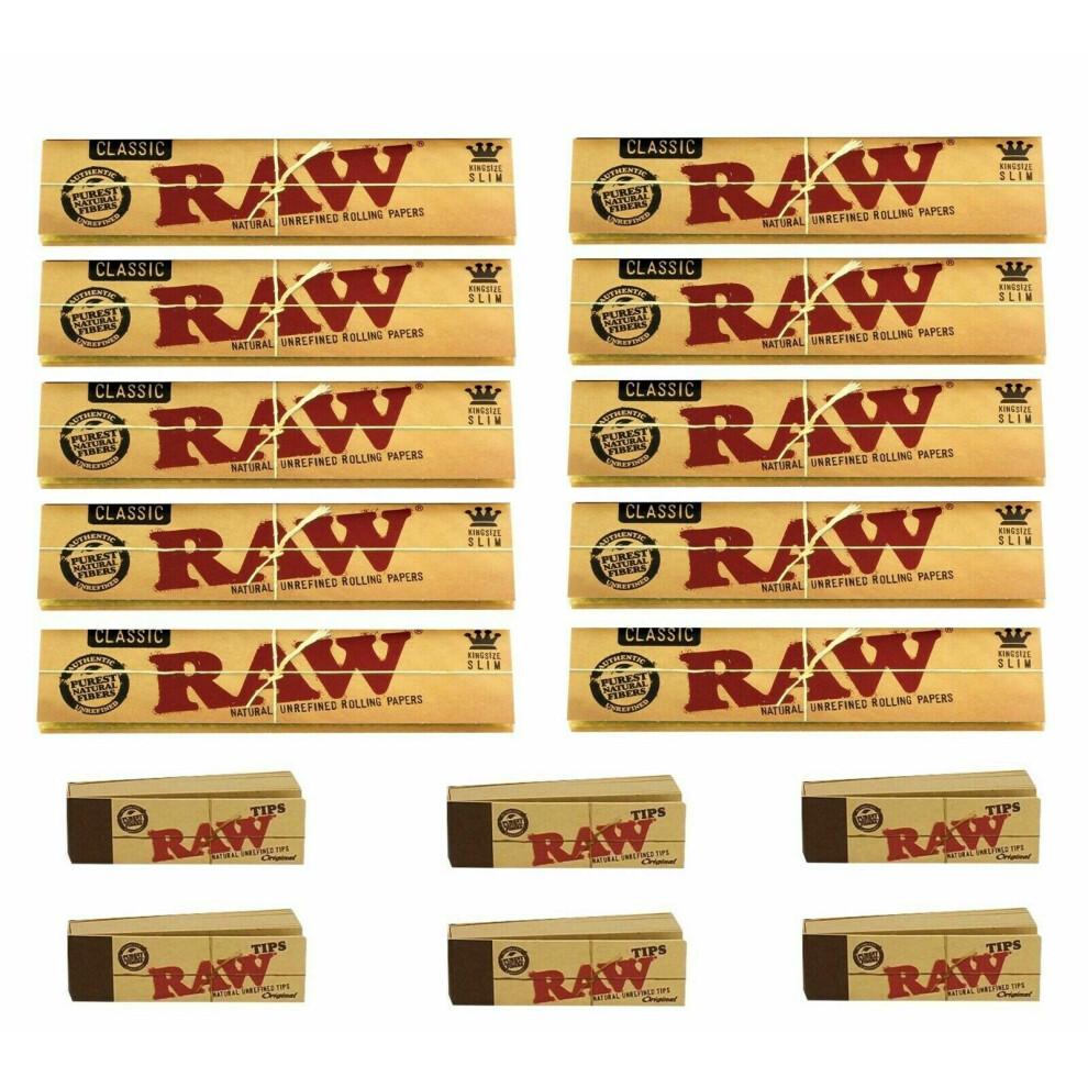 (10 x King Size Slim + 6 x Roach Tips) RAW CLASSIC KING SIZE SLIM 110MM ROLLING PAPER with RAW ROACH FILTER TIPS