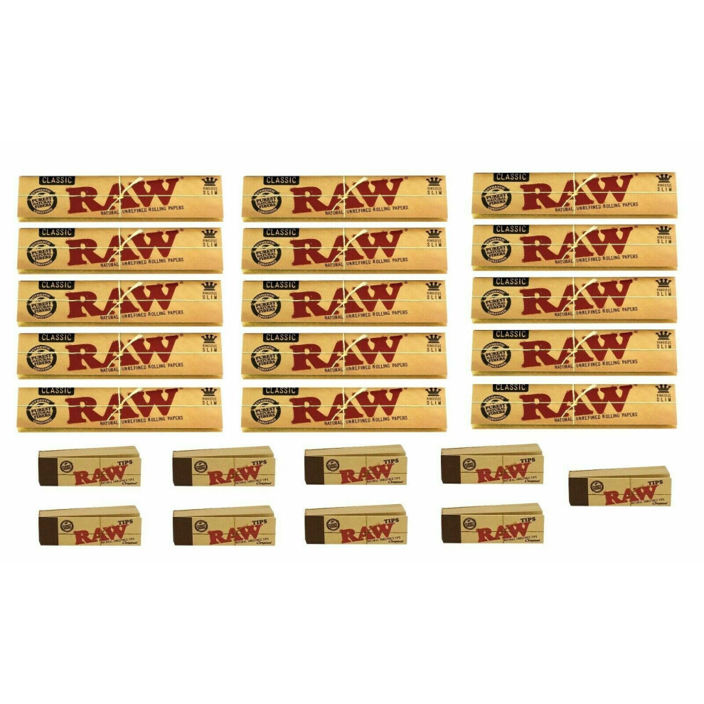 (15 x King Size Slim + 9 x Roach Tips) RAW CLASSIC KING SIZE SLIM 110MM ROLLING PAPER with RAW ROACH FILTER TIPS