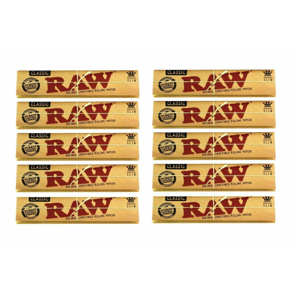 (10 x King Size Slim Only) RAW CLASSIC KING SIZE SLIM 110MM ROLLING PAPER with RAW ROACH FILTER TIPS