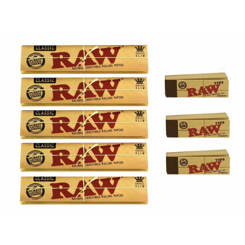 (5 x King Size Slim + 3 x Roach Tips) RAW CLASSIC KING SIZE SLIM 110MM ROLLING PAPER with RAW ROACH FILTER TIPS