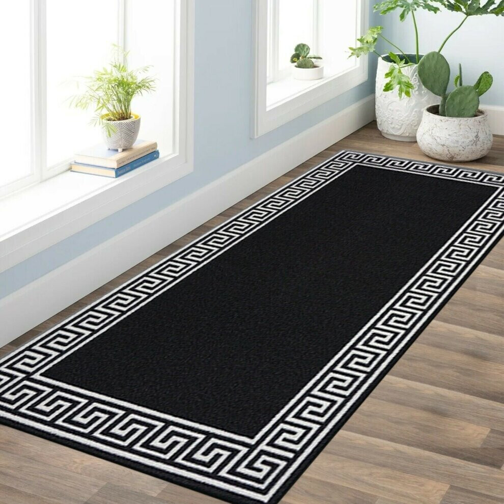 (BLACK-WHITE, 60 x 110) Non Slip Long Hall Runner Rugs Bedroom Carpet Mat