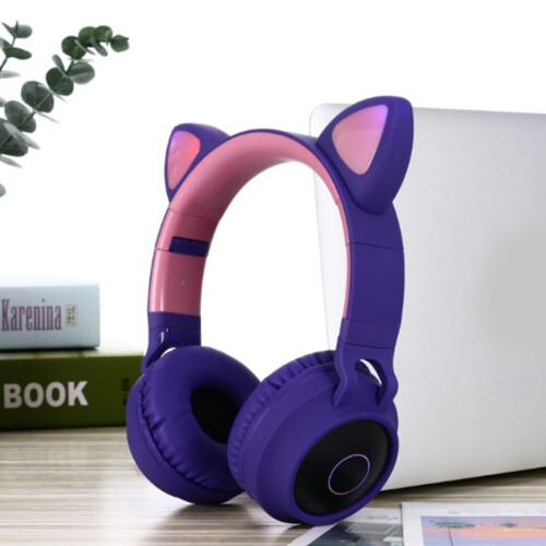 (Purple) Cat Ear Bluetooth Headphones LED Lights Earphone