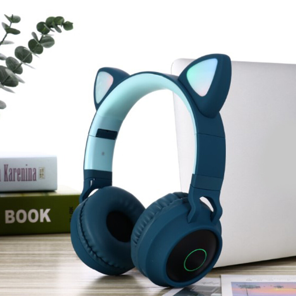 (Blue) Cat Ear Bluetooth Headphones LED Lights Earphone