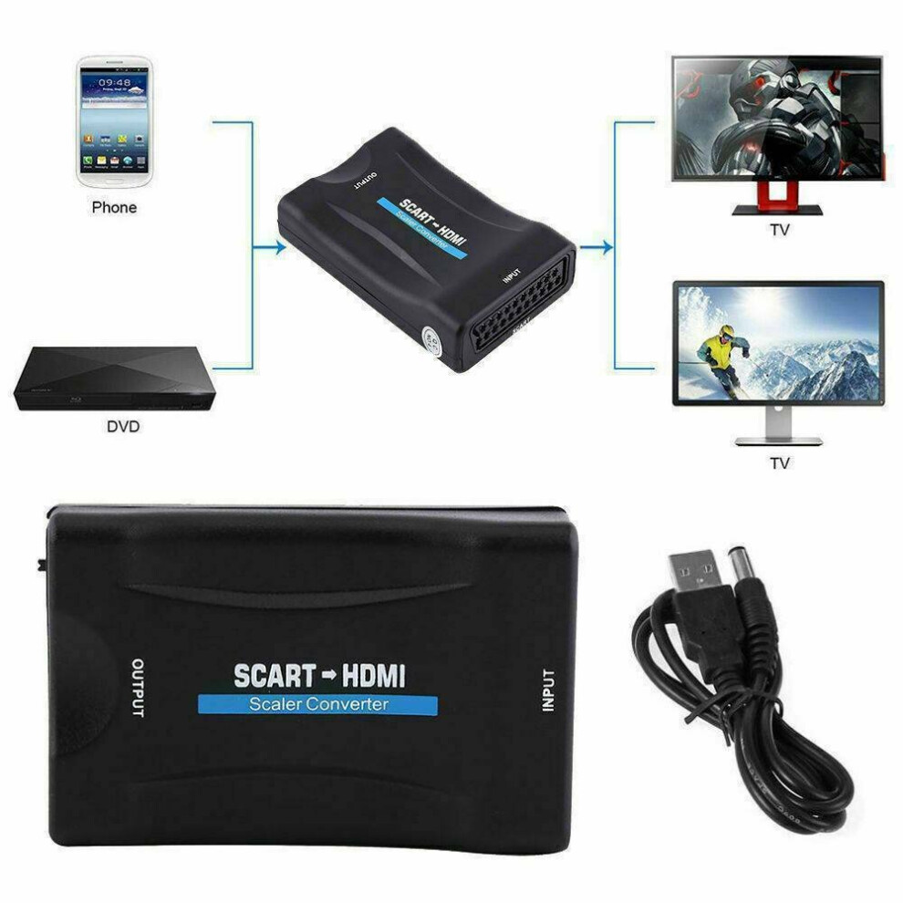 SCART to HDMI Adapter Video Audio Upscale Converter USB Cable DVD TV