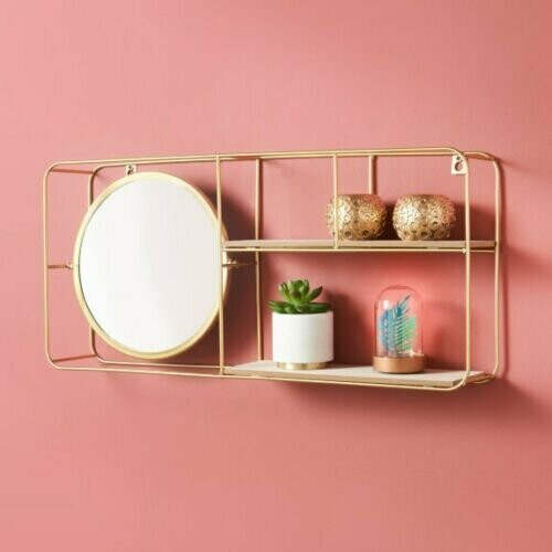 NEW Metal Wire Multi Section Floating Wall Shelf With Mirror Home Decor