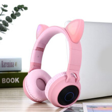 (Pink) Foldable Cat Ear LED Music Headphones Earphone