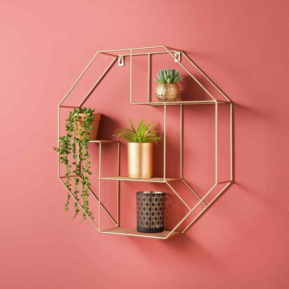 NEW Hexagon Metal Wire Wall Shelf Home Decor Storage Floating Shelf GOLD