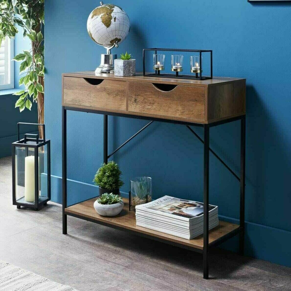 Dylex 2 Drawer Console Table Metal Frame & Wooden Drawers And Shelf Furniture Black