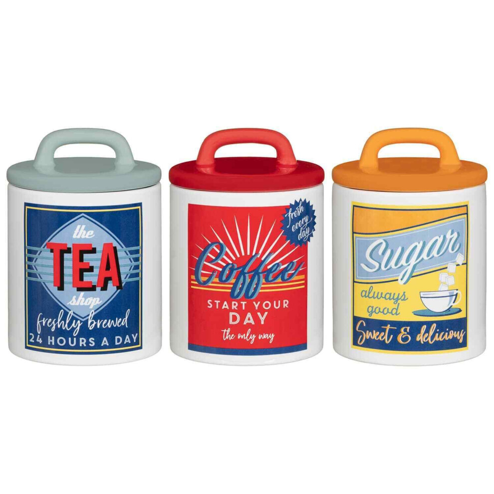 Set of 3 Retro Canister Set-Tea/Coffee/Sugar Storage Jars Kitchen Essentials