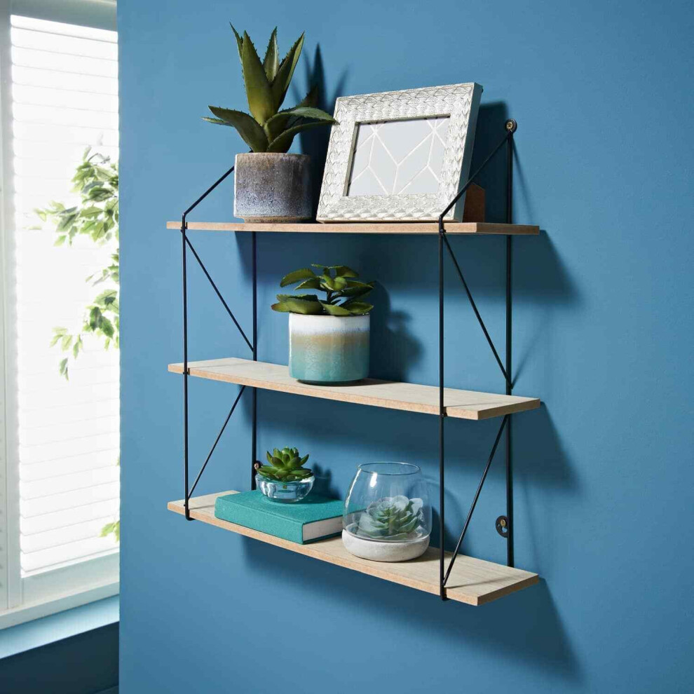 3 Tier Shelf Wall Hanging Shelves Black Metal Frame Wooden Shelves Storage Decor