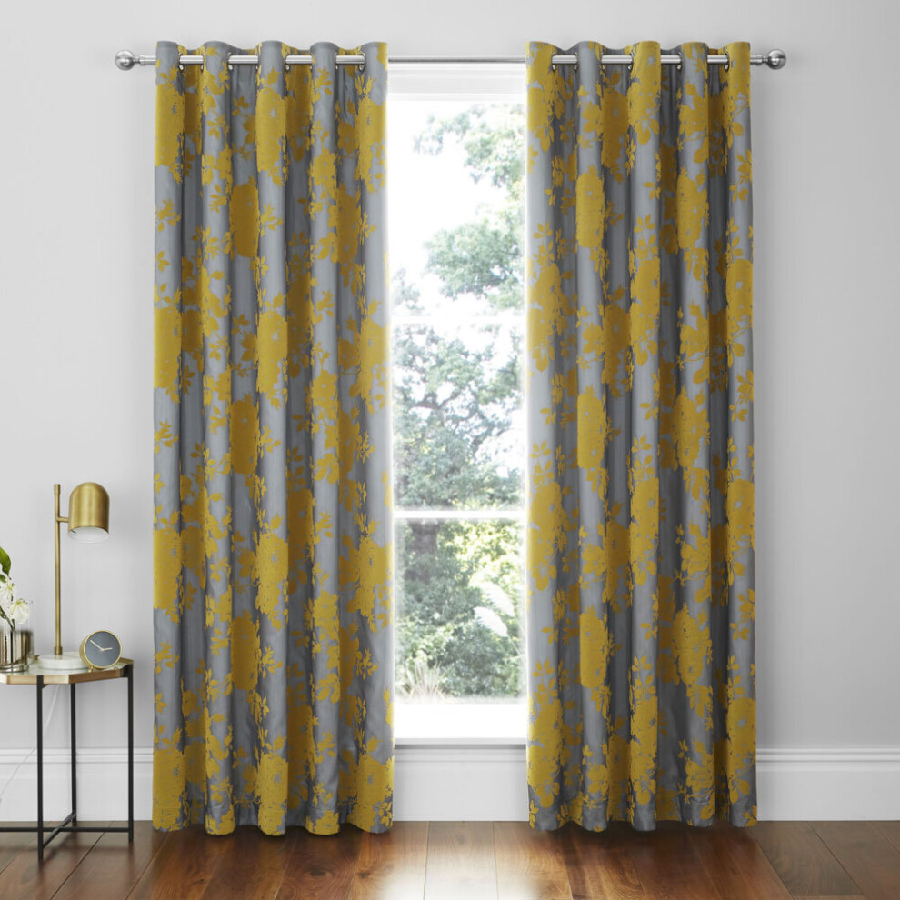 Catherine Lansfield Flock Velvet Rose Floral Lined Eyelet Curtains, Ochre, 66 x 72 Inch