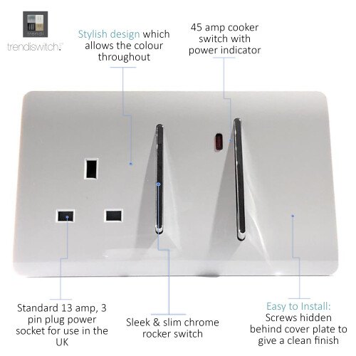 Trendi Switch Trendi Artistic Modern 45A Cooker Switch with 13A Plug Socket & Neon Insert – White 1