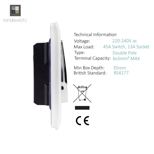 Trendi Switch Trendi Artistic Modern 45A Cooker Switch with 13A Plug Socket & Neon Insert – White 2