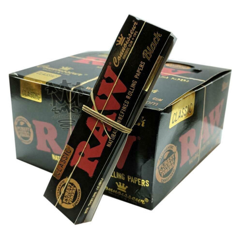 (24 Booklets (Full Box)) RAW Black Classic King Size Connoisseur Rolling Papers with Roach Tips