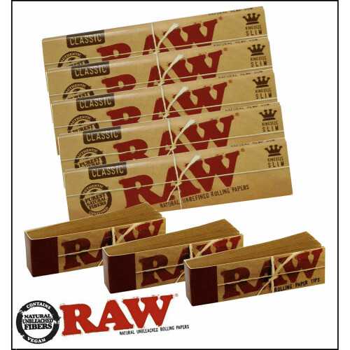 5 RAW Classic King Size Slim Rolling Papers & 3 Raw Roach Tips