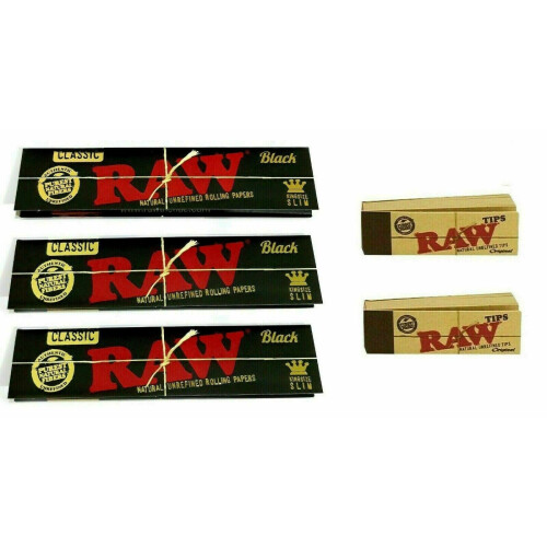 3 RAW Black CLASSIC Rolling Papers King Size Slim with 2 Roach Filter Tips