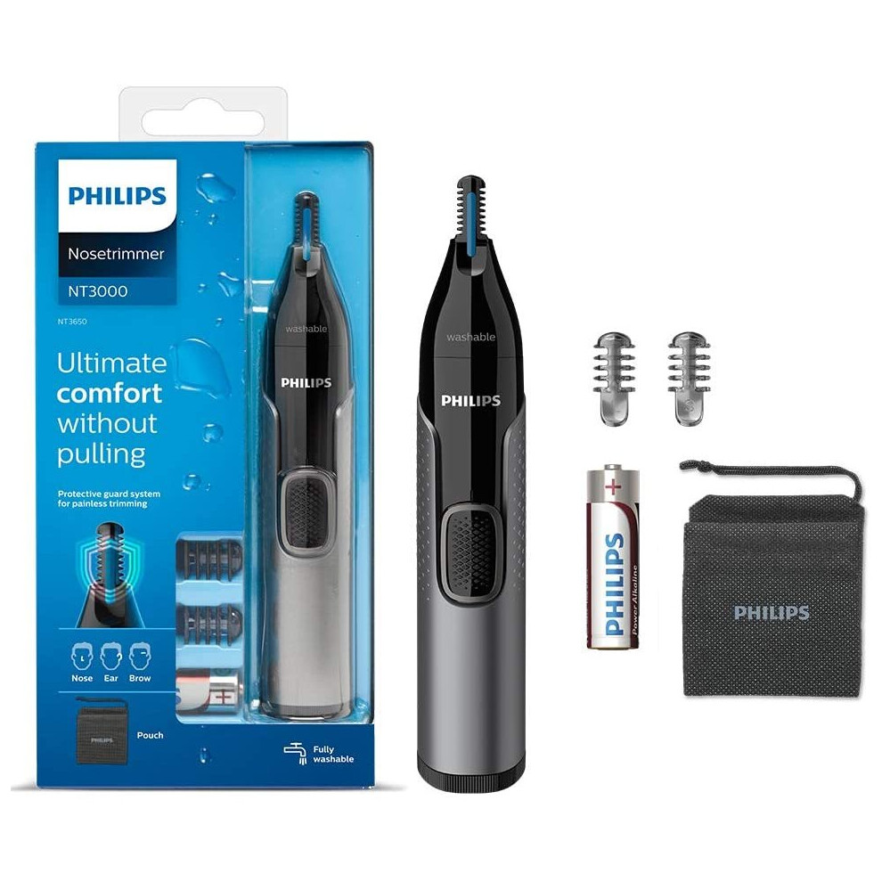 Philips Nose Hair Trimmer, Series 3000 Nose, Ear and Eyebrow Trimmer Showerproof with Protective Guard System, Battery-Operated, No pulling Guarante